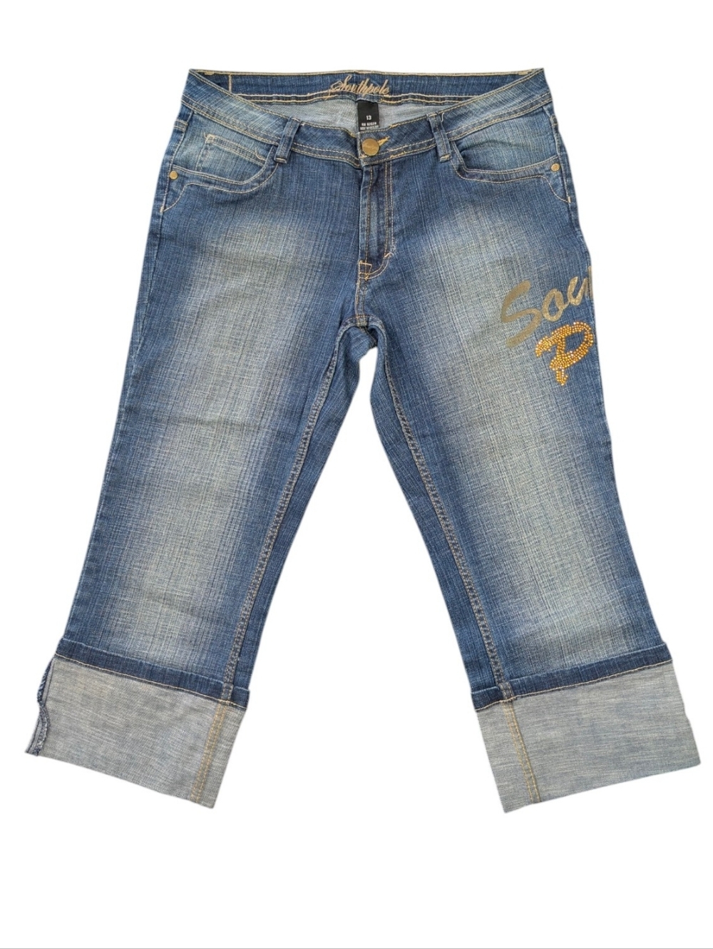 Y2K South Pole Rolled Cuff Denim Capri Jeans with Gold Stud Logo. Sz. 13. W: 36